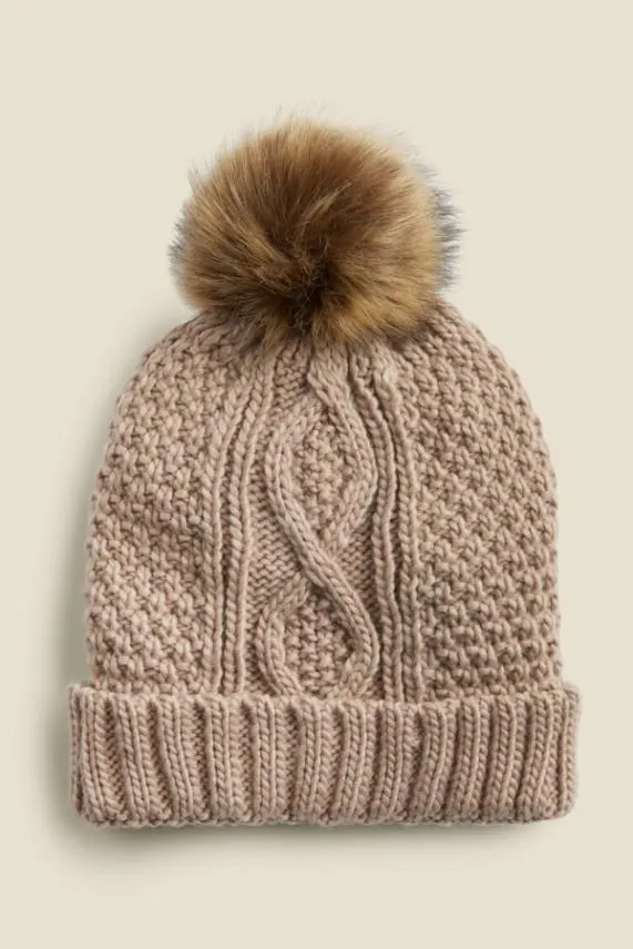 Sosandar Kelly Stone Cable Knit Pom Pom Hat Women Hats Scarves and Gloves