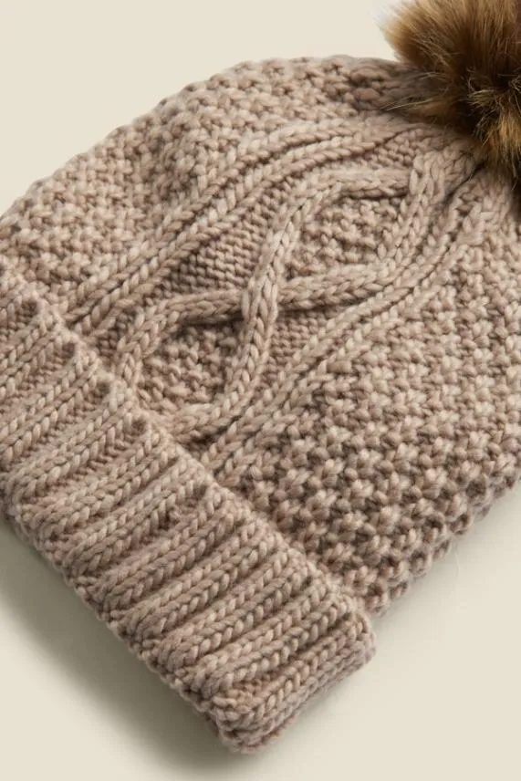 Sosandar Kelly Stone Cable Knit Pom Pom Hat Women Hats Scarves and Gloves