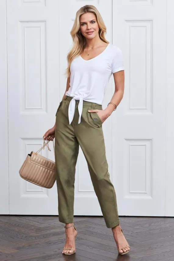 Sosandar Khaki Button Detail Utility Trousers Khaki Women Trousers and Leggings