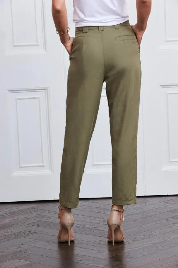 Sosandar Khaki Button Detail Utility Trousers Khaki Women Trousers and Leggings