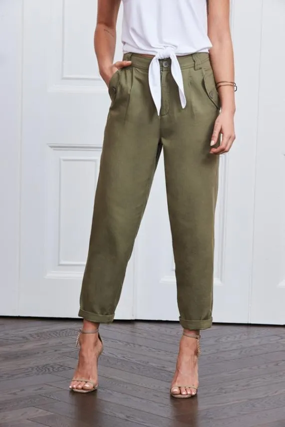 Sosandar Khaki Button Detail Utility Trousers Khaki Women Trousers and Leggings