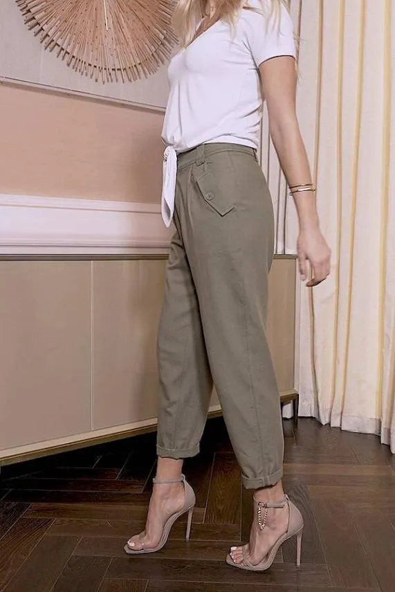 Sosandar Khaki Button Detail Utility Trousers Khaki Women Trousers and Leggings