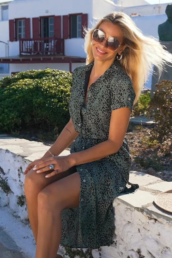 Sosandar Khaki Green Animal Print Belted Shirt Dress Khaki Green Women Dresses