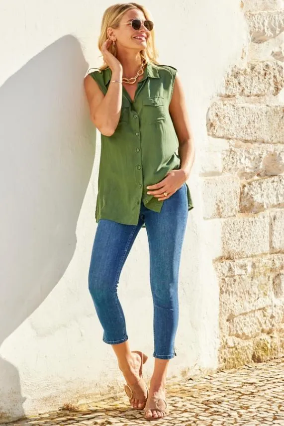 Sosandar Khaki Green Sleeveless Utility Shirt Khaki Green Women Tops