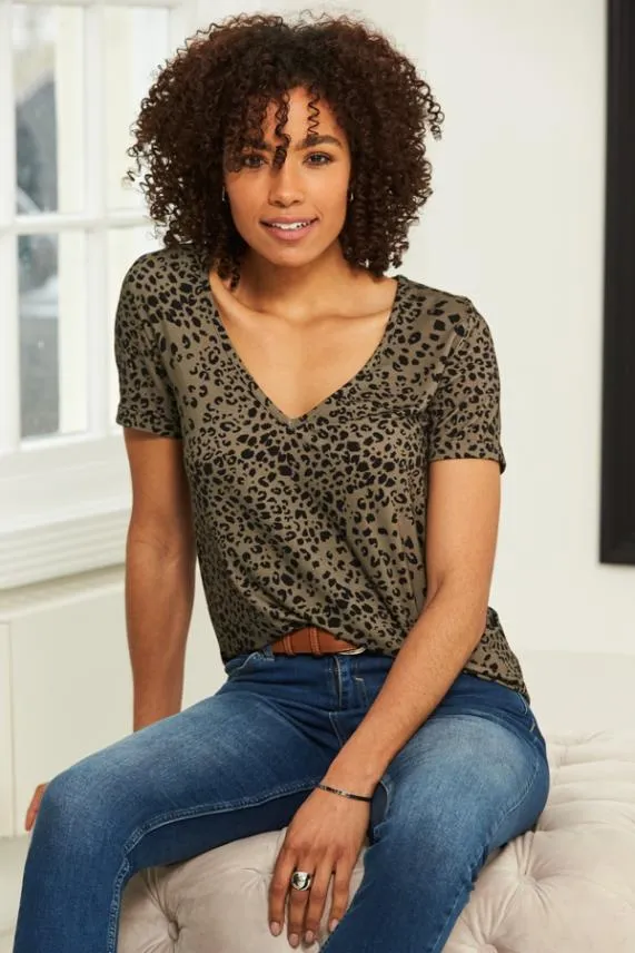 Sosandar Khaki Leopard Print Premium Jersey V Neck T Shirt Khaki Women Tops