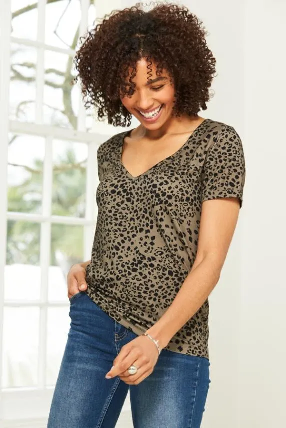 Sosandar Khaki Leopard Print Premium Jersey V Neck T Shirt Khaki Women Tops