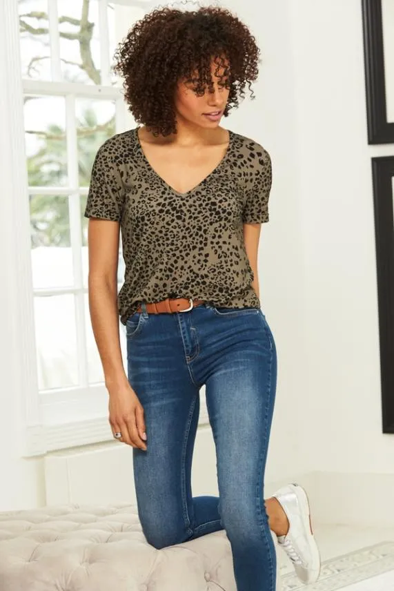 Sosandar Khaki Leopard Print Premium Jersey V Neck T Shirt Khaki Women Tops