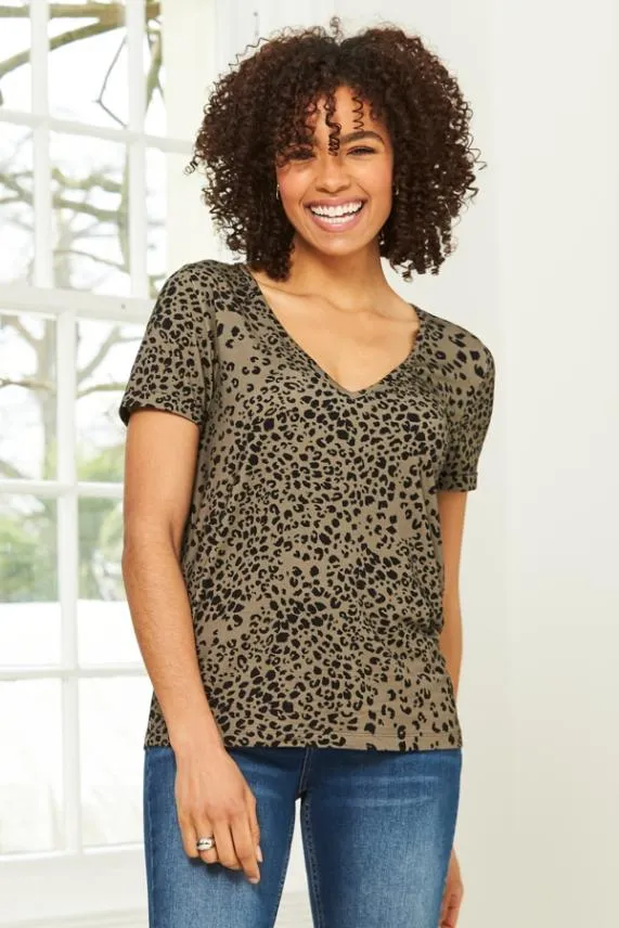 Sosandar Khaki Leopard Print Premium Jersey V Neck T Shirt Khaki Women Tops