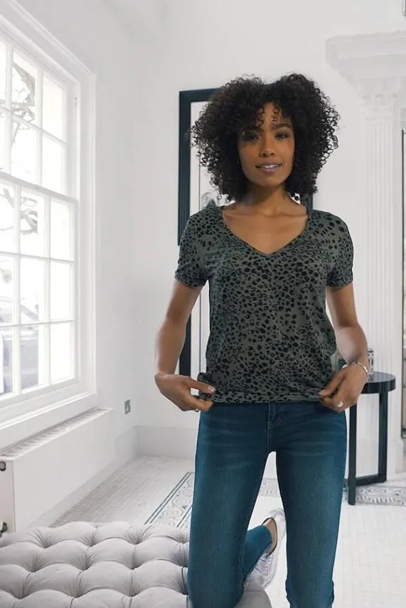 Sosandar Khaki Leopard Print Premium Jersey V Neck T Shirt Khaki Women Tops