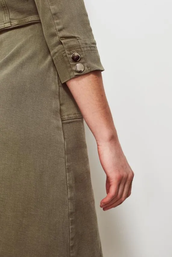 Sosandar Khaki Popper Front 34 Sleeve Stretch Denim Dress Khaki Women Dresses