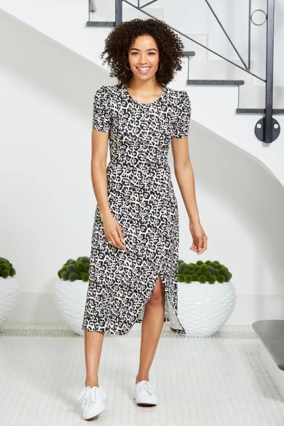 Sosandar Leopard Print Ruched Sleeve Jersey Midi Dress Women Dresses