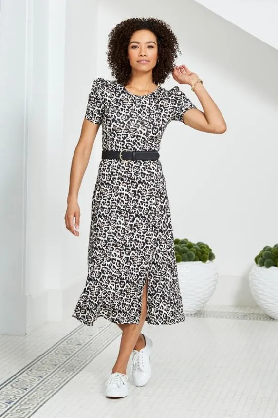 Sosandar Leopard Print Ruched Sleeve Jersey Midi Dress Women Dresses