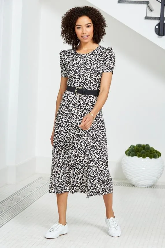 Sosandar Leopard Print Ruched Sleeve Jersey Midi Dress Women Dresses