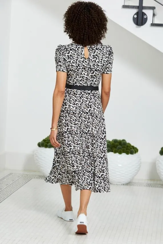 Sosandar Leopard Print Ruched Sleeve Jersey Midi Dress Women Dresses