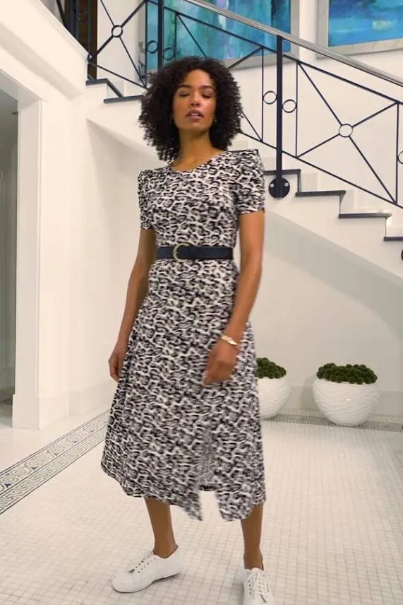 Sosandar Leopard Print Ruched Sleeve Jersey Midi Dress Women Dresses