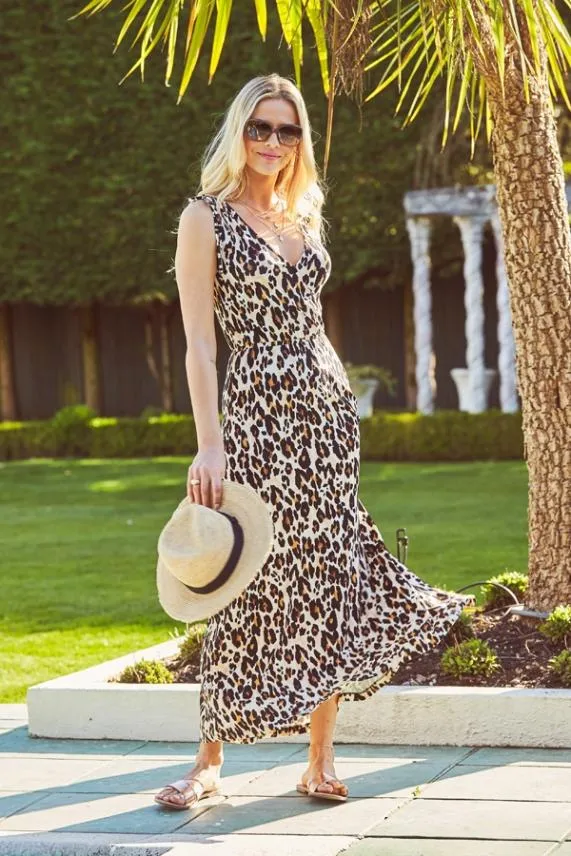 Sosandar Leopard Print Tie Shoulder Maxi Dress Women Dresses