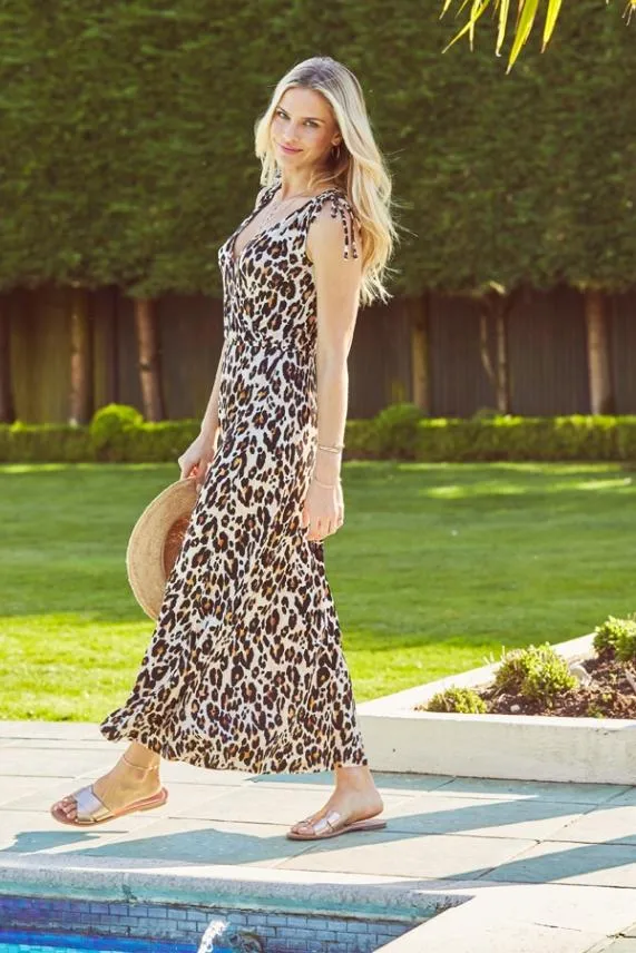 Sosandar Leopard Print Tie Shoulder Maxi Dress Women Dresses