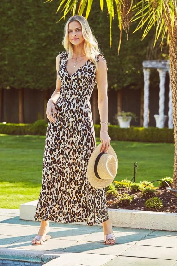 Sosandar Leopard Print Tie Shoulder Maxi Dress Women Dresses