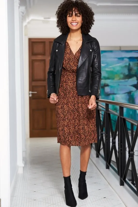 Sosandar Leopard Print V Neck Stretch Waist Dress Women Dresses
