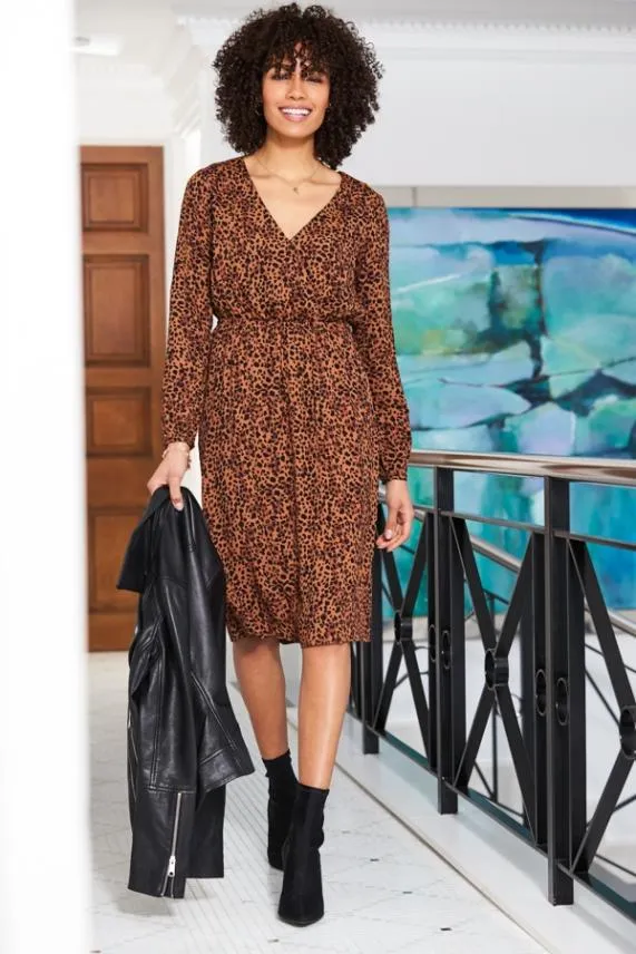 Sosandar Leopard Print V Neck Stretch Waist Dress Women Dresses