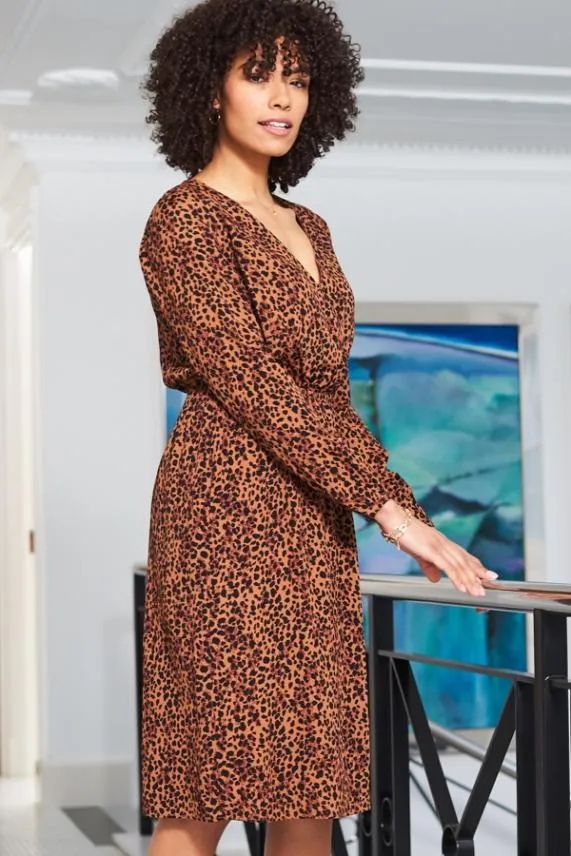 Sosandar Leopard Print V Neck Stretch Waist Dress Women Dresses