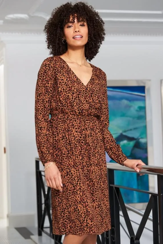 Sosandar Leopard Print V Neck Stretch Waist Dress Women Dresses