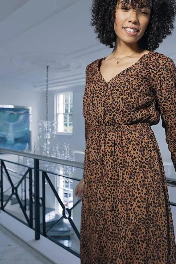 Sosandar Leopard Print V Neck Stretch Waist Dress Women Dresses