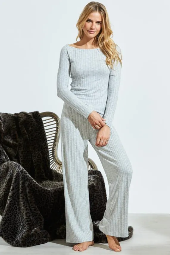 Sosandar Light Grey Knitted Rib Loungewear Top Light Grey Women Loungewear