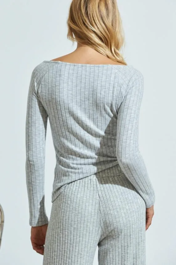 Sosandar Light Grey Knitted Rib Loungewear Top Light Grey Women Loungewear