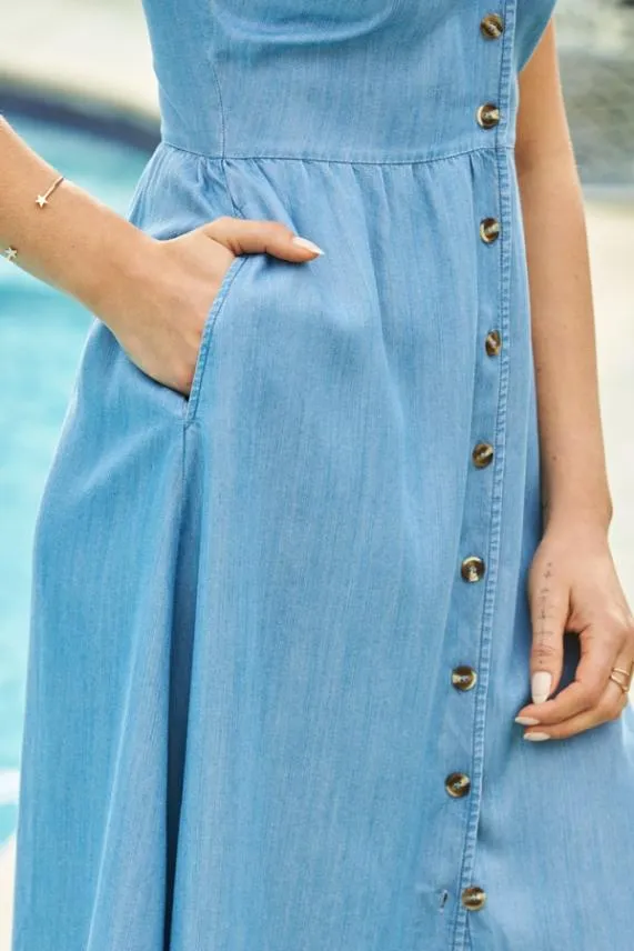 Sosandar Light Wash Button Front Tencel Denim Midi Dress With Pockets Light Wash Women Dresses