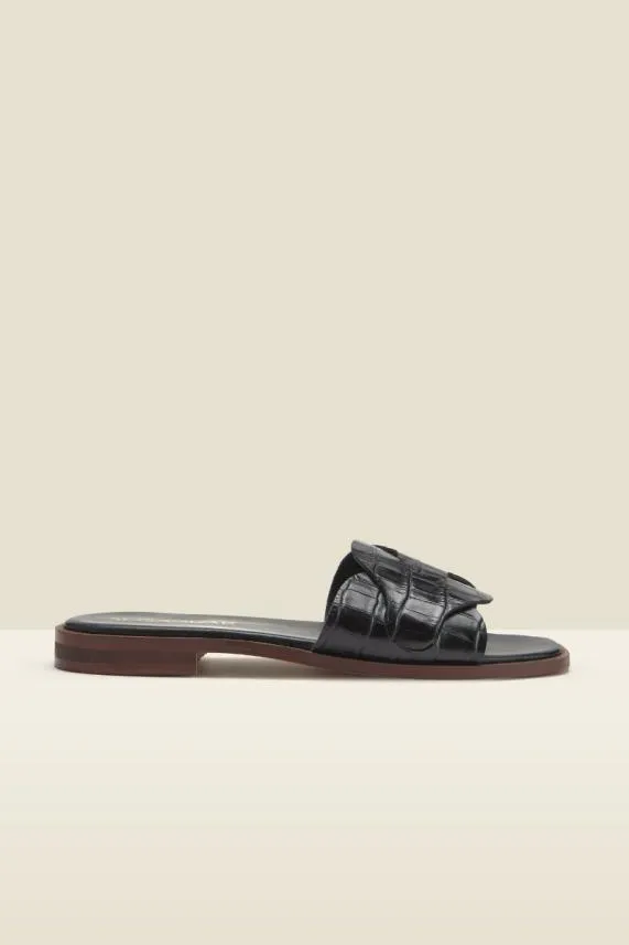 Sosandar Lyla Black Leather Twist Square Toe Flat Sandal Black Women Sandals and Flip Flops