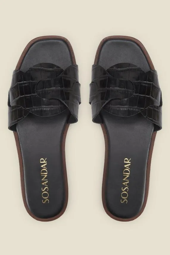 Sosandar Lyla Black Leather Twist Square Toe Flat Sandal Black Women Sandals and Flip Flops