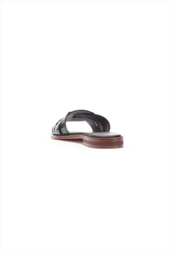 Sosandar Lyla Black Leather Twist Square Toe Flat Sandal Black Women Sandals and Flip Flops