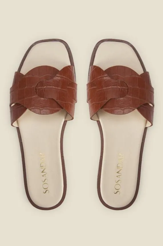 Sosandar Lyla Tan Leather Twist Square Toe Flat Sandal Women Sandals and Flip Flops