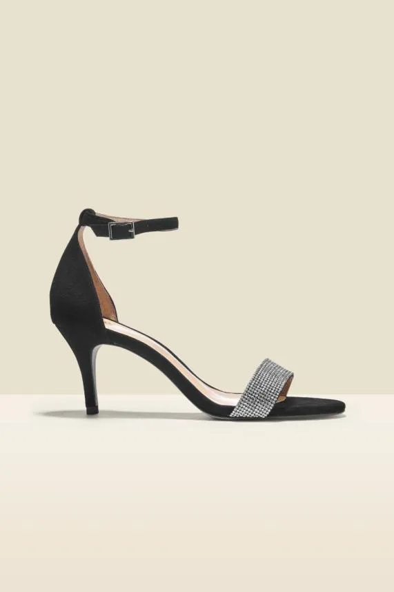Sosandar Mia Black Suede Jewel Detail Sandal Black Women Sandals and Flip Flops