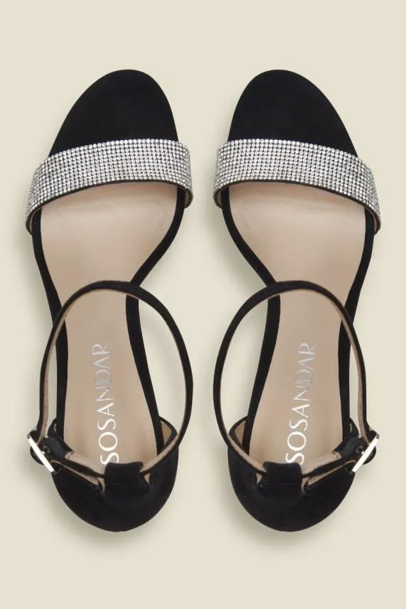 Sosandar Mia Black Suede Jewel Detail Sandal Black Women Sandals and Flip Flops