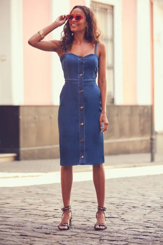 Sosandar Mid Blue Button Front Midi Denim Dress Mid Blue Women Dresses