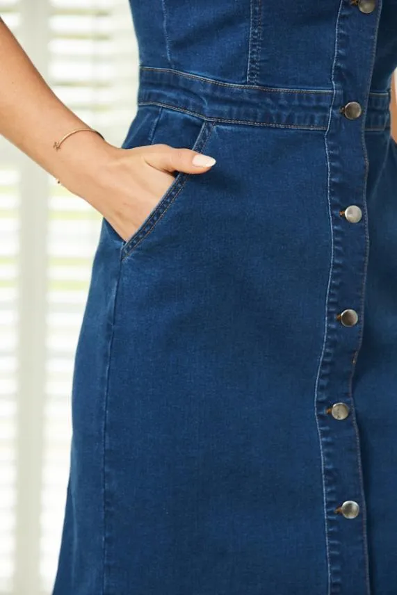 Sosandar Mid Blue Button Front Midi Denim Dress Mid Blue Women Dresses