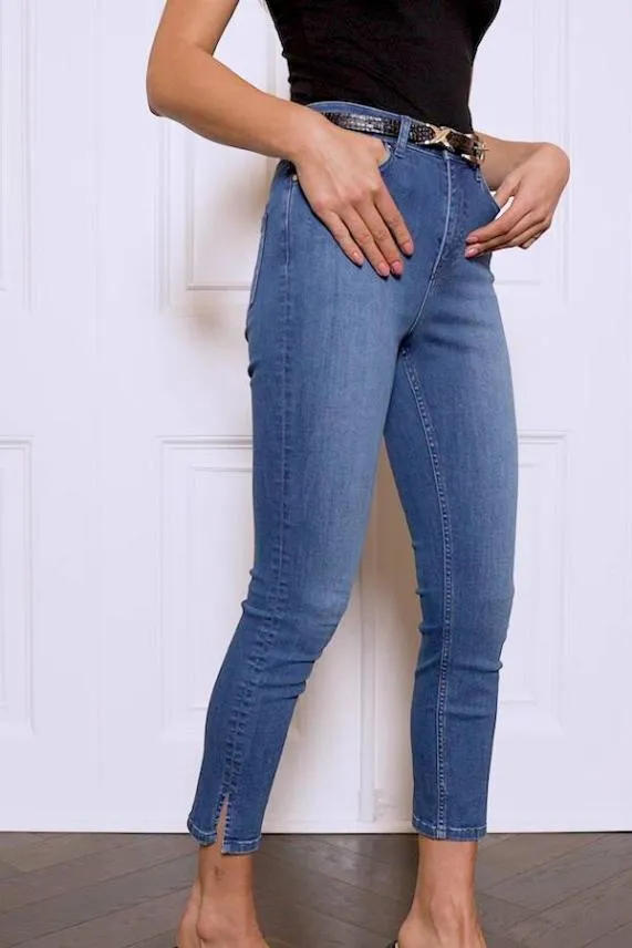 Sosandar Mid Blue Cropped Skinny Jeans Mid Blue Women Jeans and Jeggings