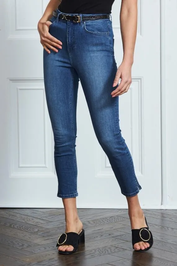 Sosandar Mid Blue Cropped Skinny Jeans Mid Blue Women Jeans and Jeggings
