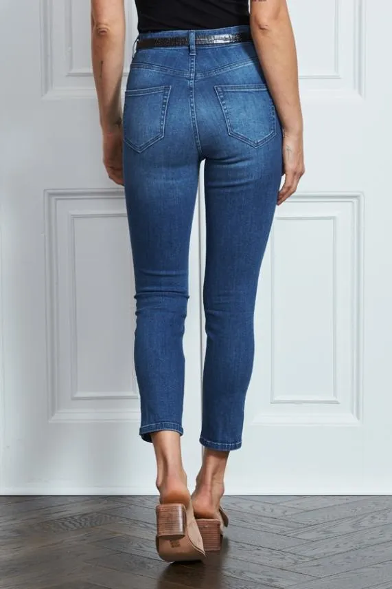 Sosandar Mid Blue Cropped Skinny Jeans Mid Blue Women Jeans and Jeggings