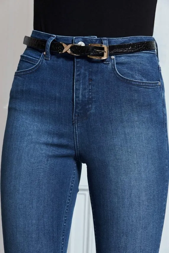 Sosandar Mid Blue Cropped Skinny Jeans Mid Blue Women Jeans and Jeggings