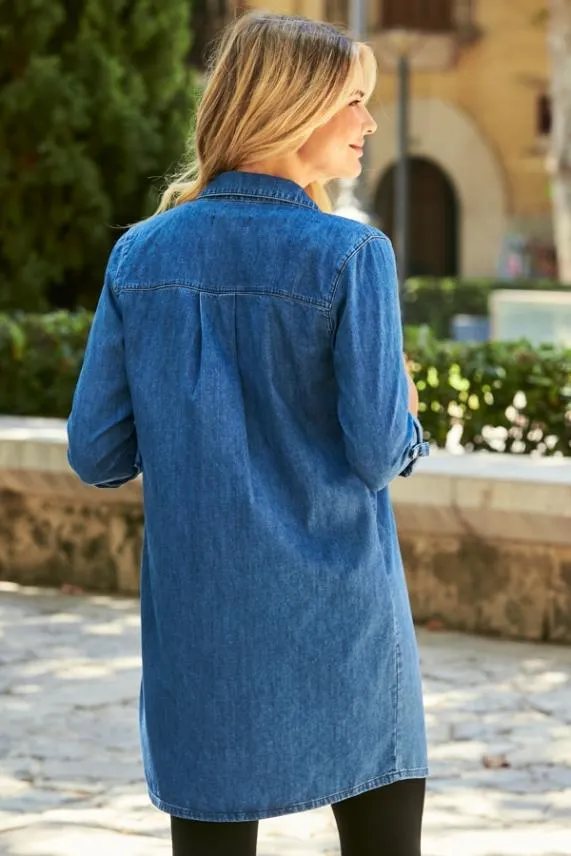 Sosandar Mid Blue Denim Relaxed Fit Longline Shirt Mid Blue Women Tops