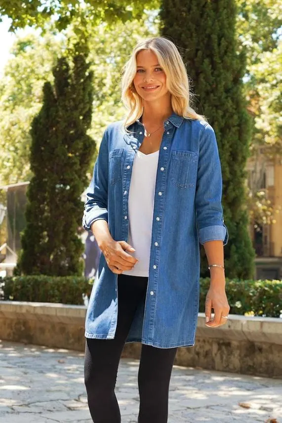 Sosandar Mid Blue Denim Relaxed Fit Longline Shirt Mid Blue Women Tops