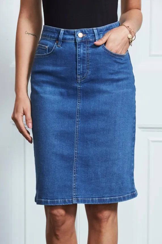 Sosandar Mid Blue Midi Denim Skirt Mid Blue Women Skirts
