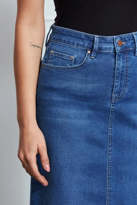 Sosandar Mid Blue Midi Denim Skirt Mid Blue Women Skirts