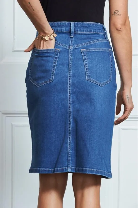 Sosandar Mid Blue Midi Denim Skirt Mid Blue Women Skirts