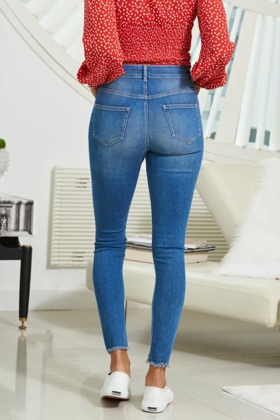 Sosandar Mid Blue Raw Hem Perfect Skinny Jeans Mid Blue Women Jeans and Jeggings