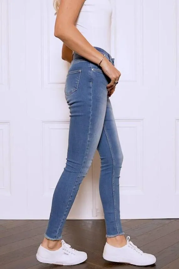 Sosandar Mid Blue Raw Hem Perfect Skinny Jeans Mid Blue Women Jeans and Jeggings