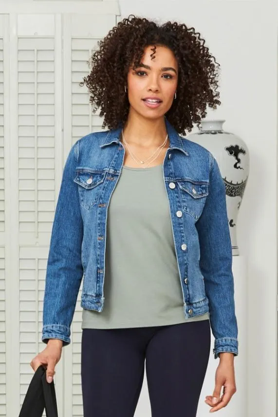Sosandar Mid Blue Relaxed Fit Denim Jacket Mid Blue Women Jackets and Coats